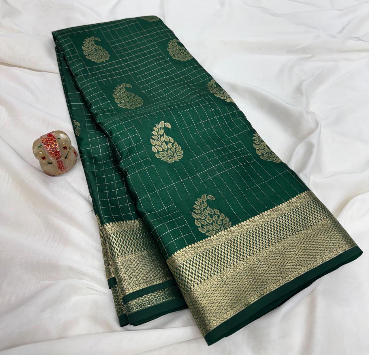Emerald Green Pure Premium Mysore Crepe Mango Checks Saree with Bentex Zari Border